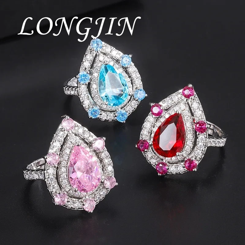 

2024 Summer New Water Drop Ruby Pink Gemstone Open Adjustable Ring Dinner Wedding for Women Jewelry Anniversary Friends Gift