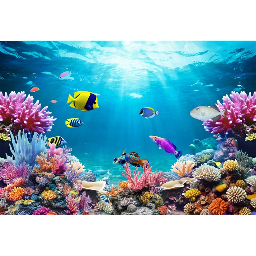 Underwater World Scenery Backdrop Dolphin Coral Undersea Fish Birthday Party Kids Portrait Room Wall Decor Photo Background