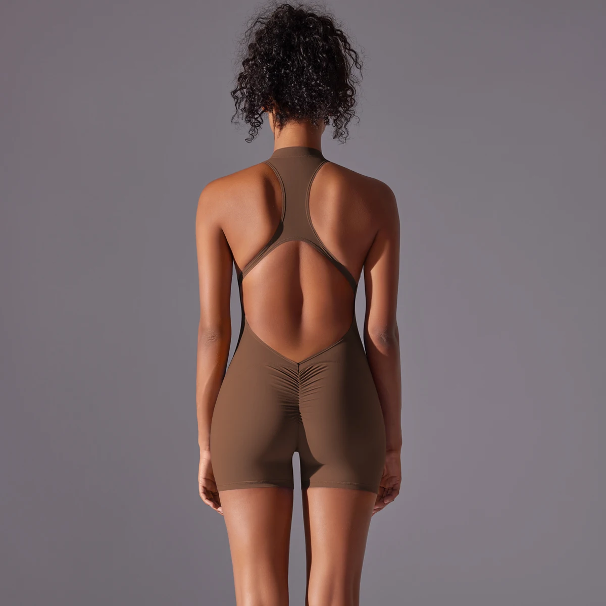 Halb Zipper Frauen Bodys Gym Push Up Workout Kleidung Backless Scrunch Fitness Sport Yoga Body Ärmel Fitness Overall – Detail 7