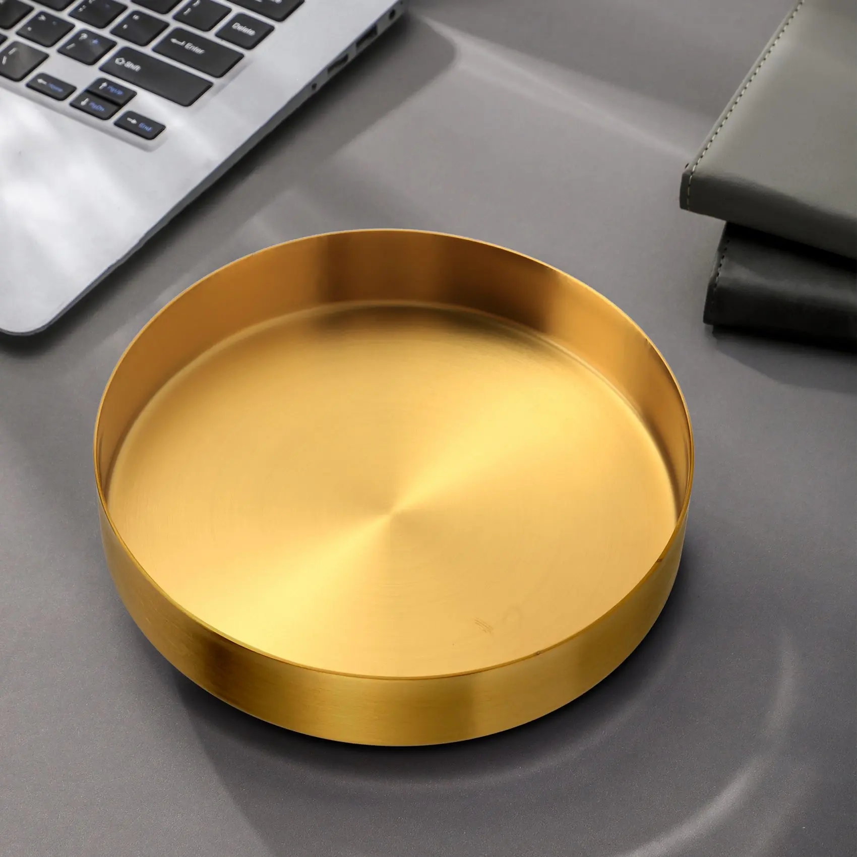 Round Gold Tray,Metal Decorative Tray Makeup Tray Organizer for Vanity,Bathroom,Dress,Matte Brass Finish, 4.9 Inch