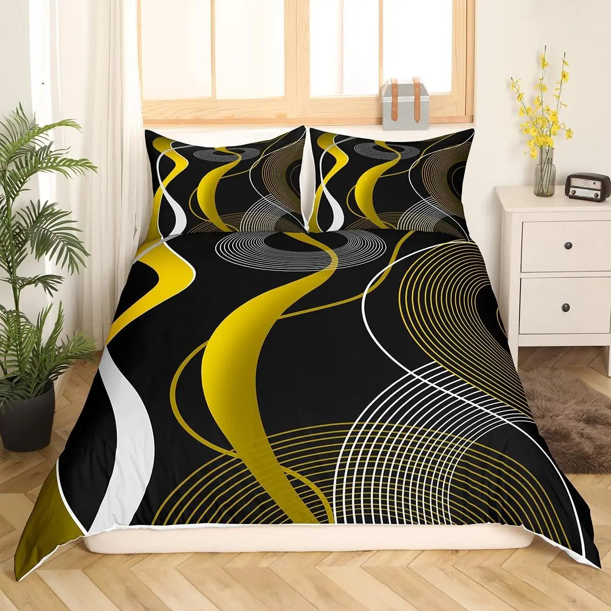 Modern Stripe Duvet Cover Set Abstract Art Waves Bedding Set with Pillowcases Yellow Black White Retro Quilt Cover Adults Double