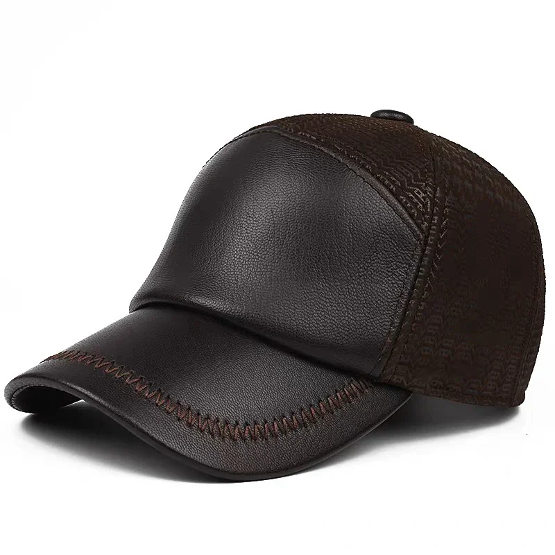 New 2024 Novel Baseball Cap Men Genuine Leather Sheepskin Hats Male Casual Punch Hockey Golf Leather Printed