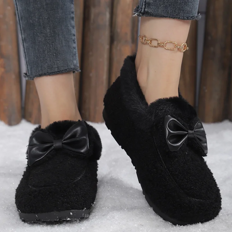 Women Winter Warm Shoes Plush Fleece Loafers Bows Anti Slip Soft Sole Ladies Casual Daily Outdoor Fashion Elegant Flats Footwear