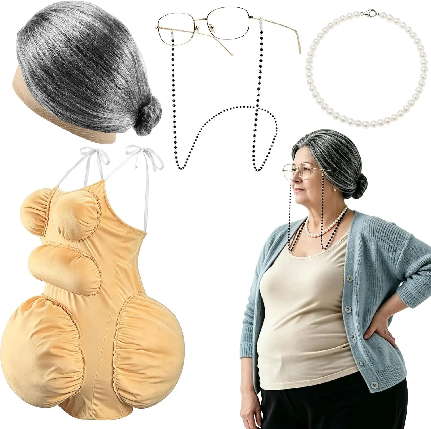 Disfraz de Anciana Gorda para Adultos, con Vientre y Pecho Falsos, Peluca Gris, Collar de Perlas y Gafas, Divertido Disfraz de Halloween
