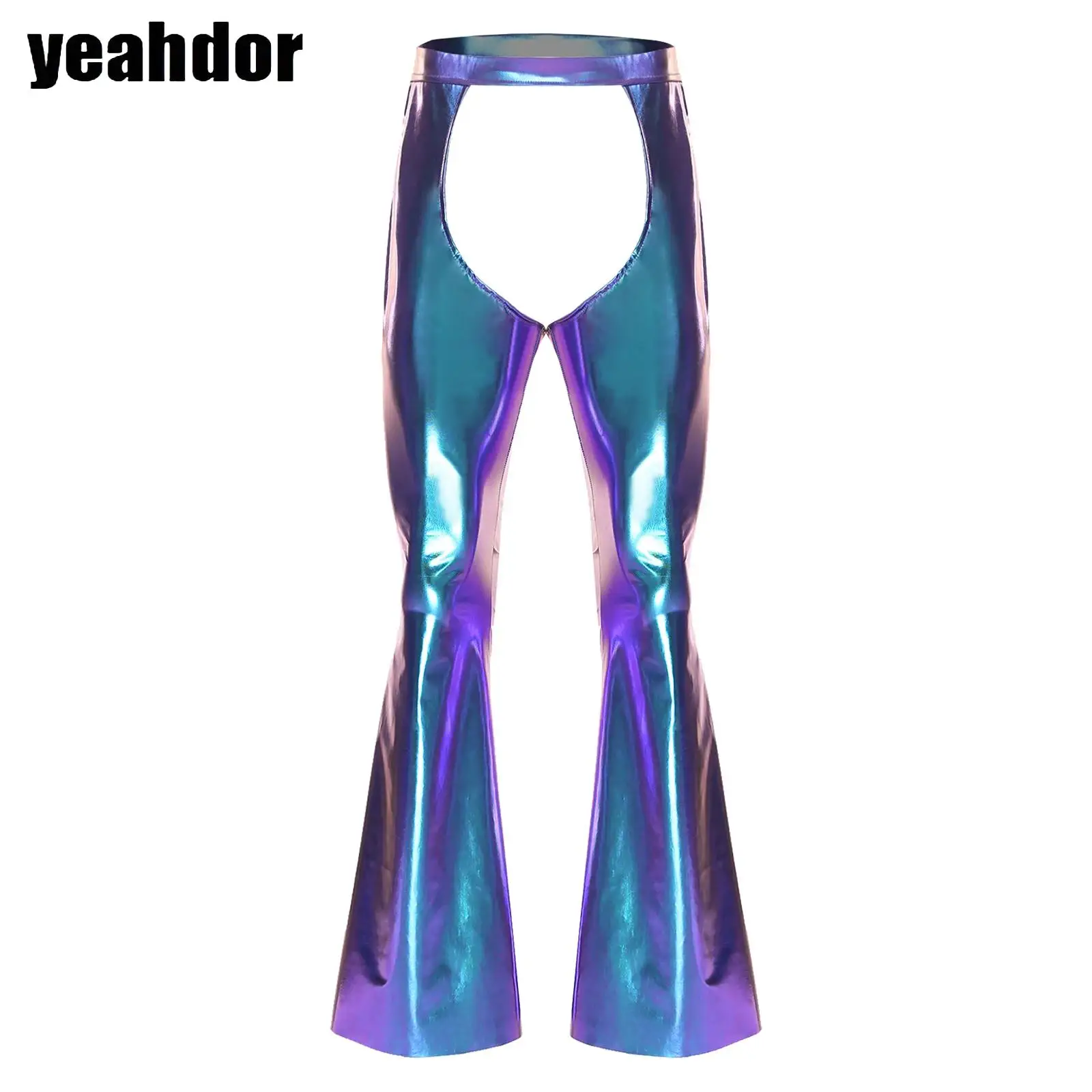 

Men Open Crotch Metallic Chaps Disco Dance Flared Pants Elastic Waistband Bell-Bottom Trousers Carnivals Nightclub Rave Parties