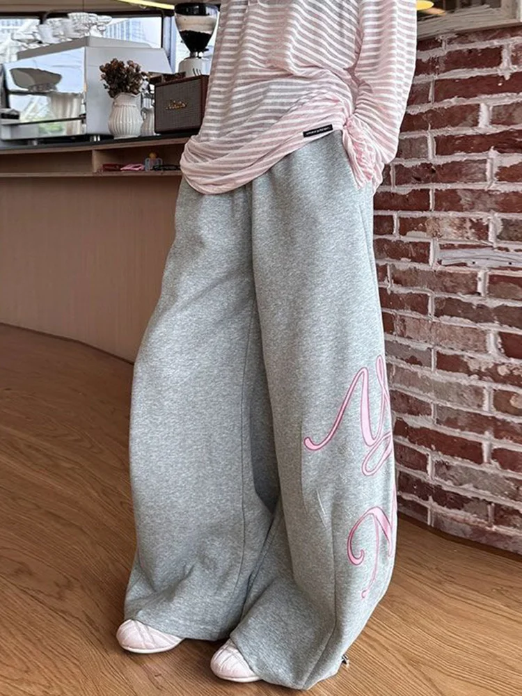 

Pure Cotton Letter Sweatpants Women Loose High Waist Y2k Wide Leg Pants Hop Retro Pockets American Casual Lady Fall Trousers