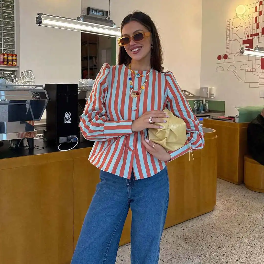 ZBZR Primavera Nueva Moda Femenina Blusa de Cuello Redondo Simple de Manga Larga con un Solo Botón a Rayas de Poliéster de Al...