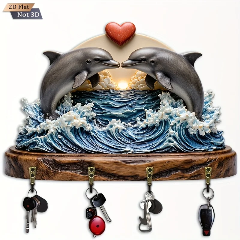 2D Flat. 1pc. Double Dolphin Heart Wave Key Hook - Wooden Multi-Functional Decorative Key Holder with Four Metal Hooks, Wall