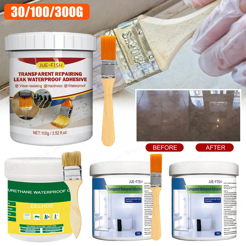 Agente sellador de revestimiento impermeable, agente de suelo a prueba de fugas, pegamento adhesivo de reparación de sellado transparente para techo de pared y ventana del hogar, 30/100/300g