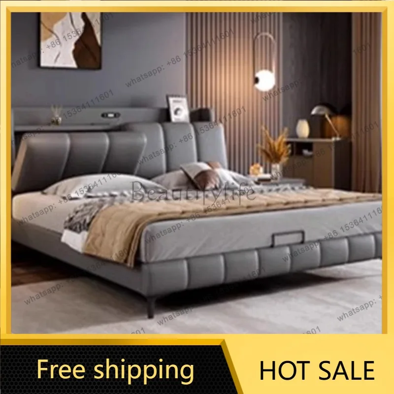 FG Italian Gray Luxury Bed Frames Comforter Large Storage Headboards Double Bed King Size Frames Lit 2 Personnes Furniture Home