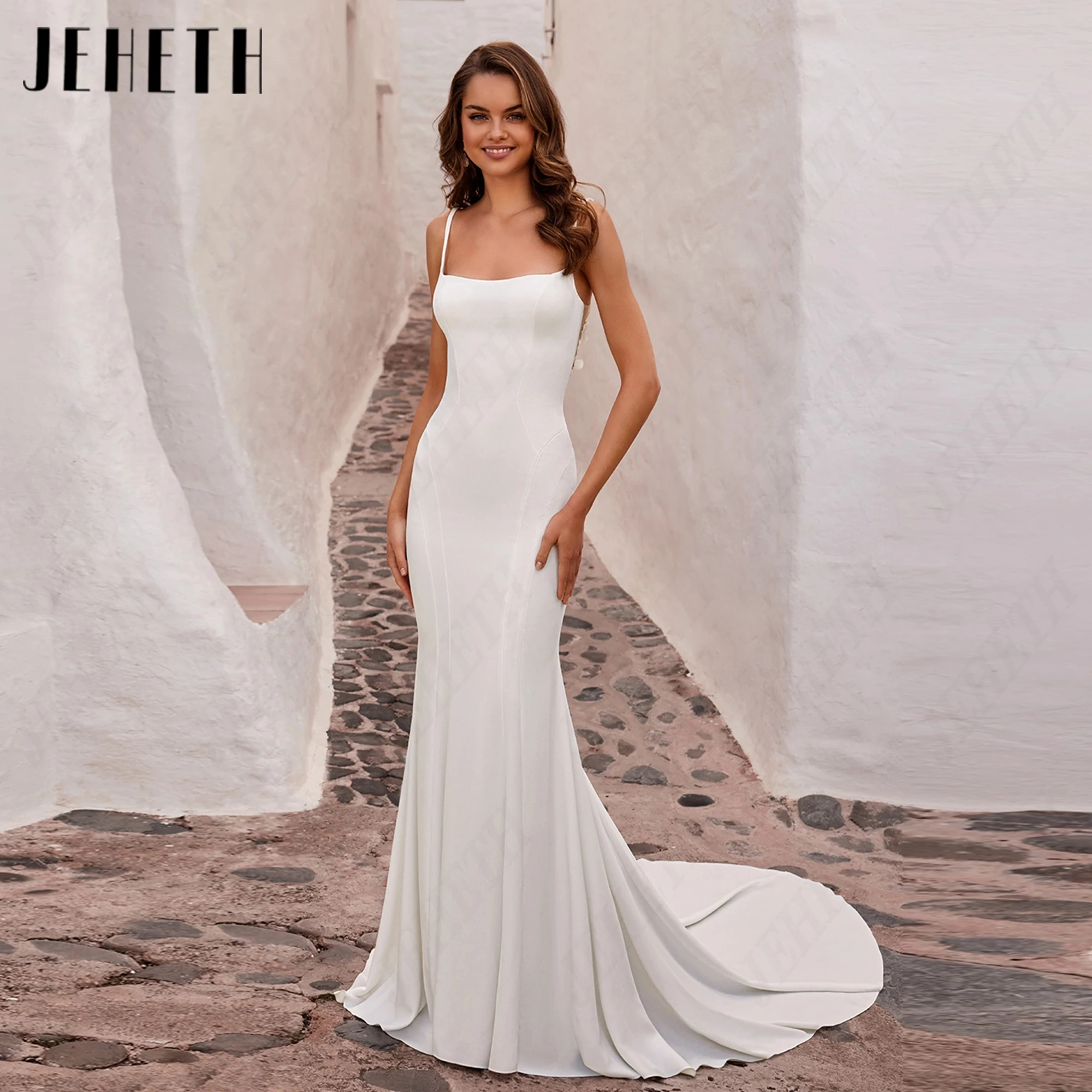 JEHETH Elegant Mermaid Wedding Gowns Spaghetti Straps 2027 Beach Bridal Dresses Customized Soft Satin Boho Bride Dress Backless