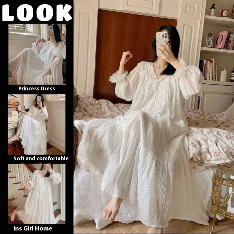 New French Court Style Nightgown Female Spring and Fall Summer Pajamas Lace Lace Princess Style Skirt Nightgown Homewear