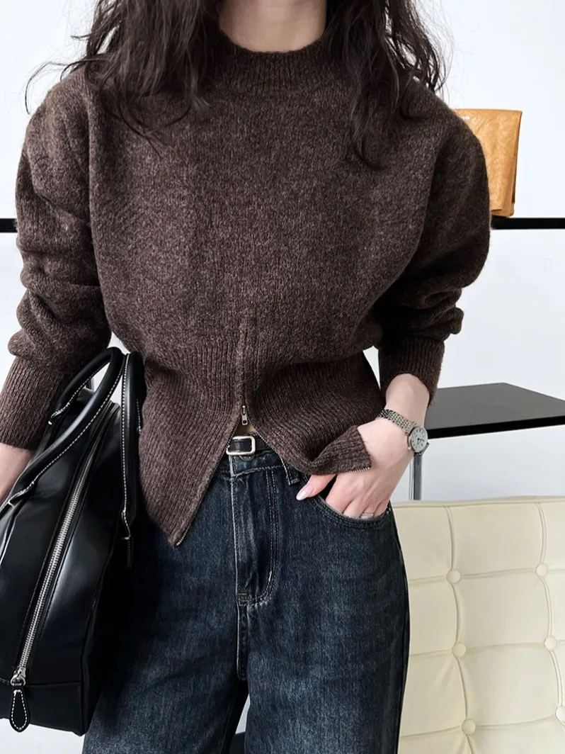 Cinched Waist Sweater for Women Pullovers Long Sleeve Mock Neck Plain Knitted Jumper with Zip Front Trendy Fall Winter Outfit