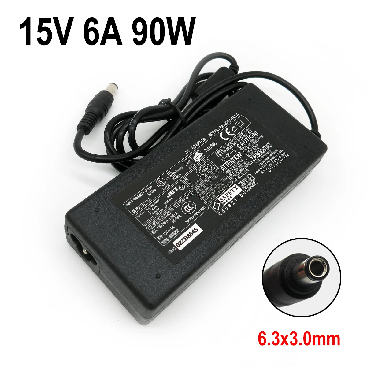 

15V 6A 90W 6.3*3.0mm For Toshiba PA3201U-1ACA, PA2521U-2ACA,PA2521U-3ACA,PA2521U-3ACA PA3283U-2ACA Power Adapter Supply charger