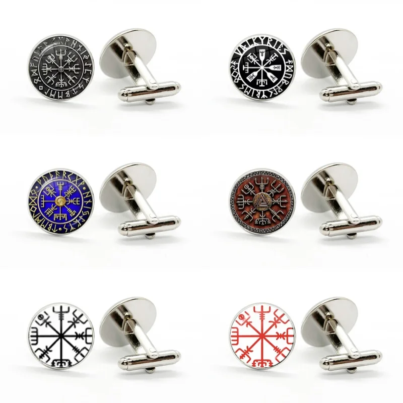 New Viking Compass Ancient Trinity Nordic Rune Odin Symbol Art Pattern Glass Gem Hand Made Cuff Links Men Shirt Cufflinks