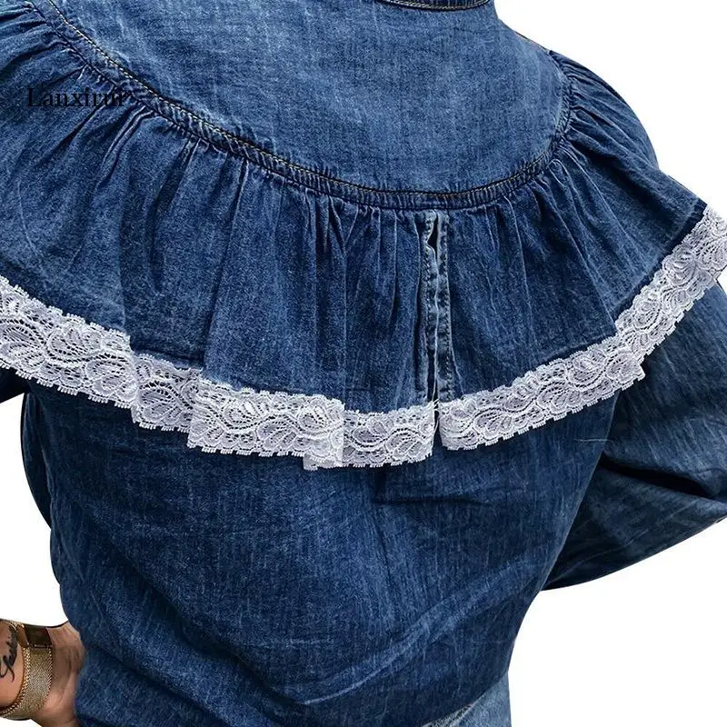 2022 Women Shirt Blouses Denim Fashion Lace Patchwork Chic Office Lady Stand Collar Long Sleeves 2022 Female Tops Shirts Urban