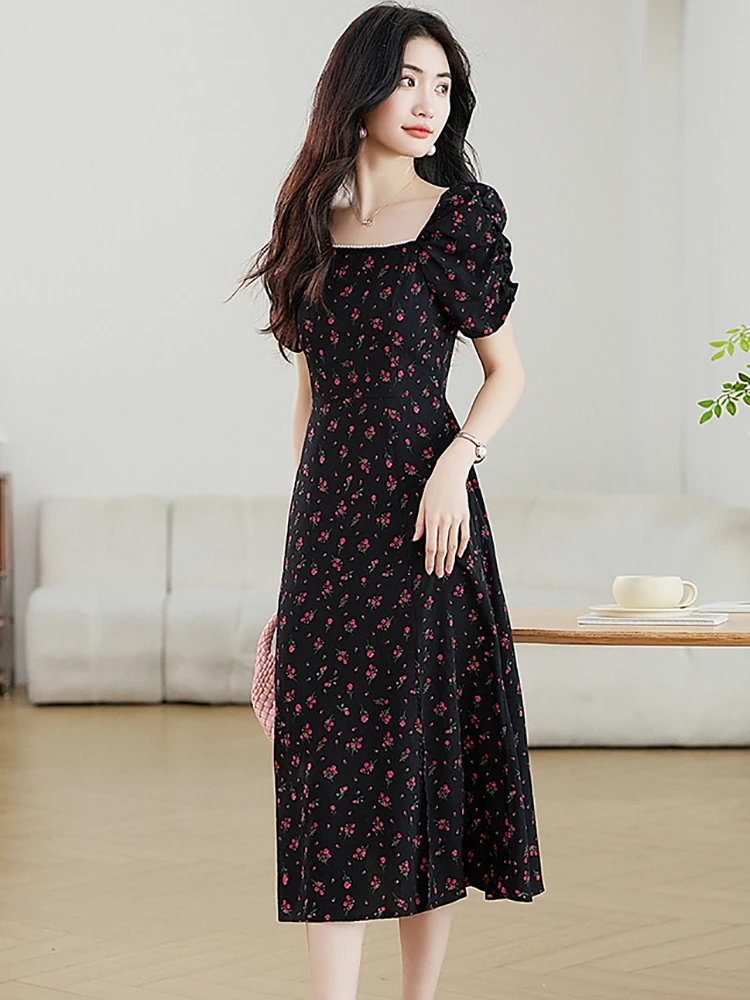Black Floral Puff Sleeve Beading Square Collar Female Clothes 2026 Korean Vintage Luxury Dress Summer Elegant Bodycon Prom Dress