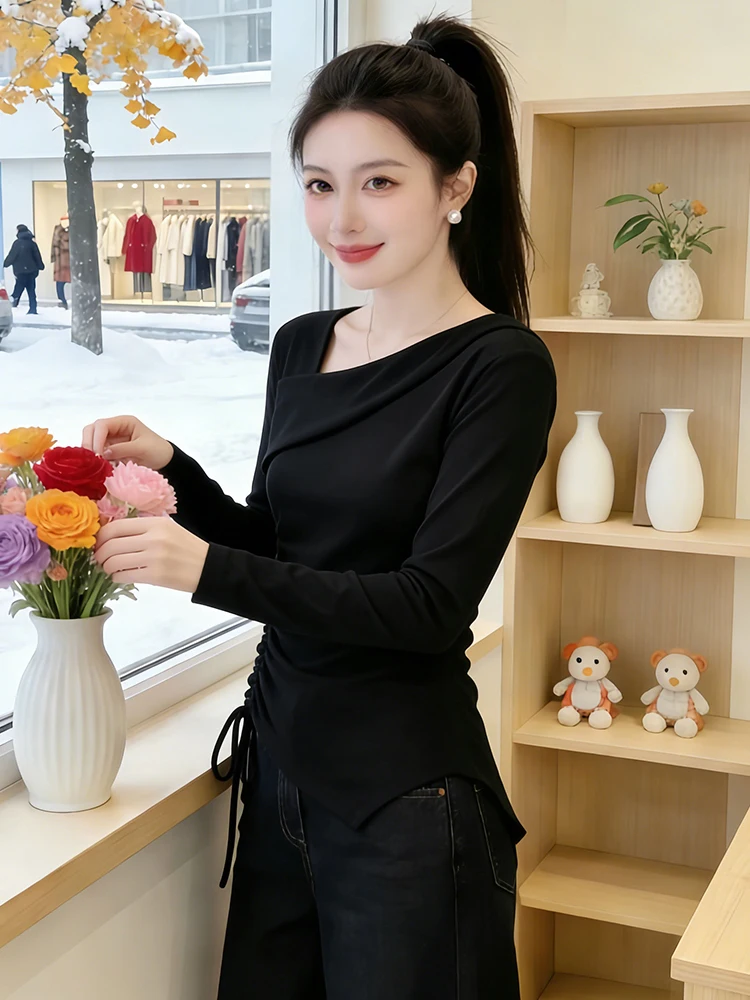 

Женская корейская футболка с эффектом похудения, с длинным рукавом и поясом, весенняя новинка, облегающая, маленького размера, базовая модель