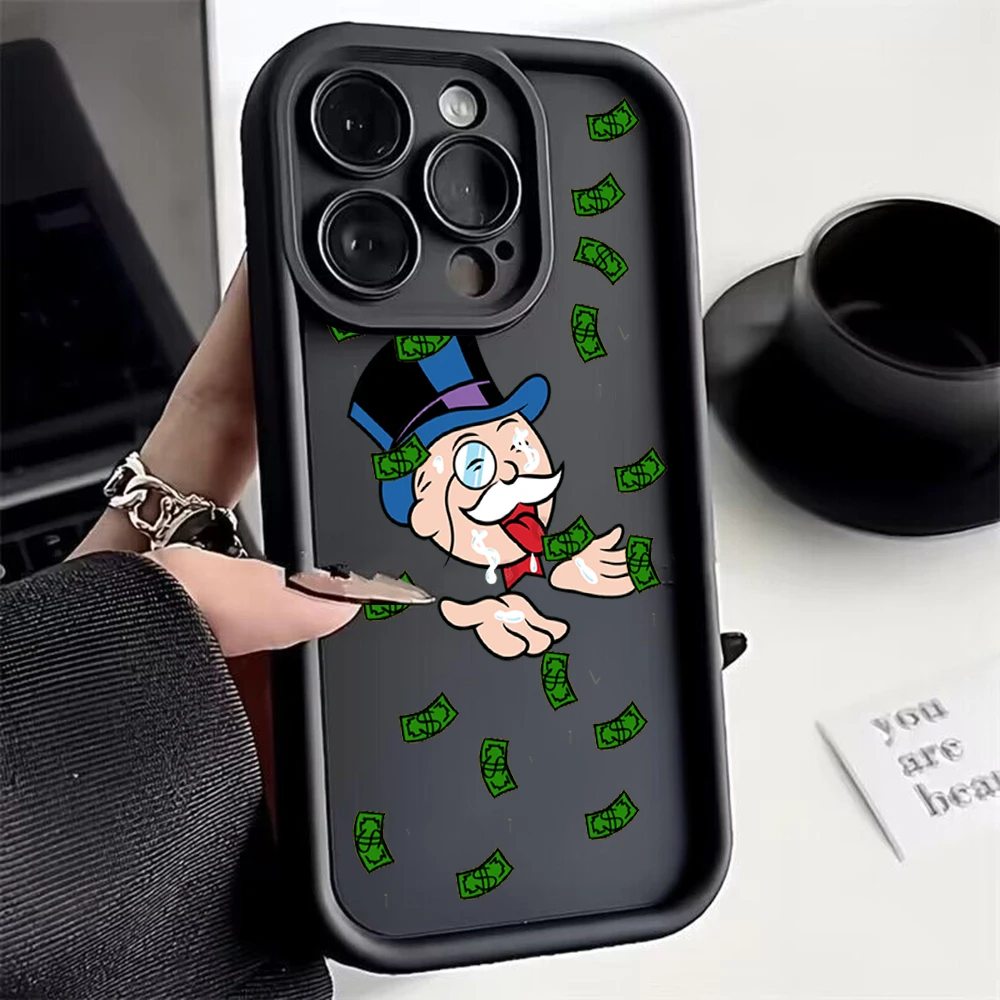 Cartoon Dollar Money Monopolys Phone Case for IPhone 15 14 13 12 11 Pro Max Mini XR XS X 7 8 Soft TPU Back Cover With Hand Strap