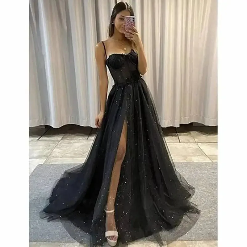 

Glitter Tulle Ruffled Prom Dress Long Ball Gown Spaghetti Straps Lace Appliqued 3D Flower Slit Bridesmaid Dresses Cocktail party