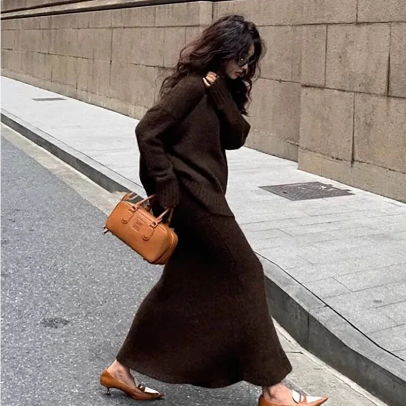 

Two Piece Set Autumn Winter Knitting Women Suit Winter Sweater Long Skirts Sets V-neck Pullover Top + High Waist Fishtail Skirt