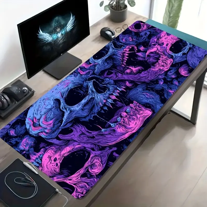 VIKAMA Dark Gothic Skull Large Gaming Mousepad Non Slip Desk Pad Purple Blue Smoke Art Keyboard Mat Computer Desktop Accessories
