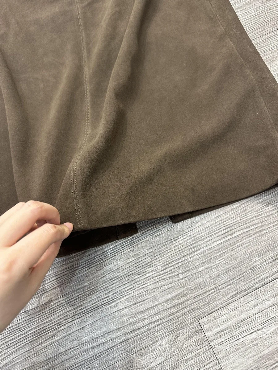 Retro High Grade Suede Real Leather Long Skirt 80cm For Women Upgraded Imported Jupe Back Split Waist Loop Faldas Ankle-Length