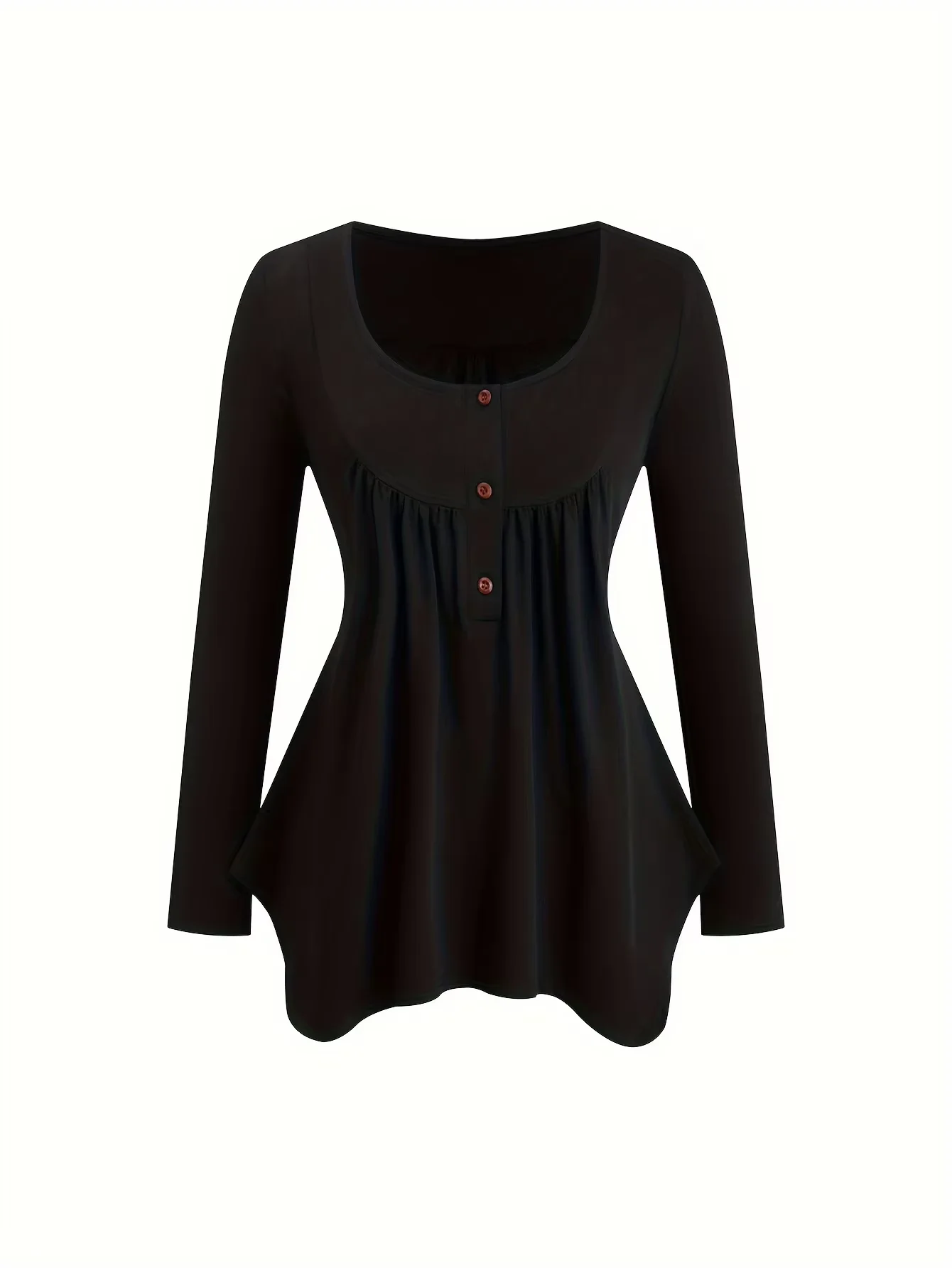 

European and American fashion women's solid color long-sleeve T-shirt, casual button-down round neck top