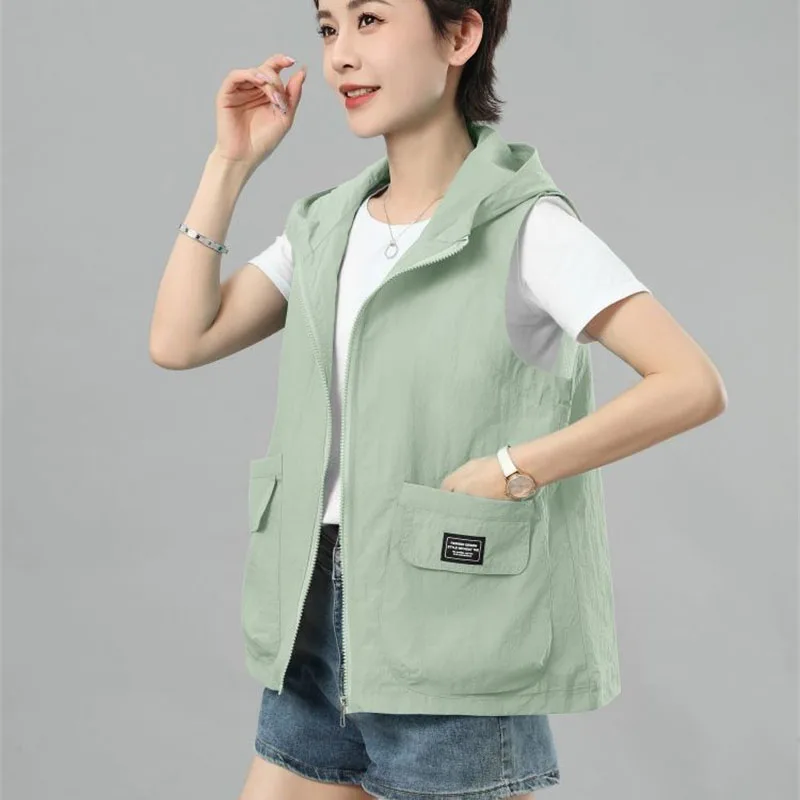 2025 New Women Hooded Vest Spring Summer Thin Sleeveless Jacket Breathable Sunscreen Clothing Female Waistcoat Top Chaleco Mujer