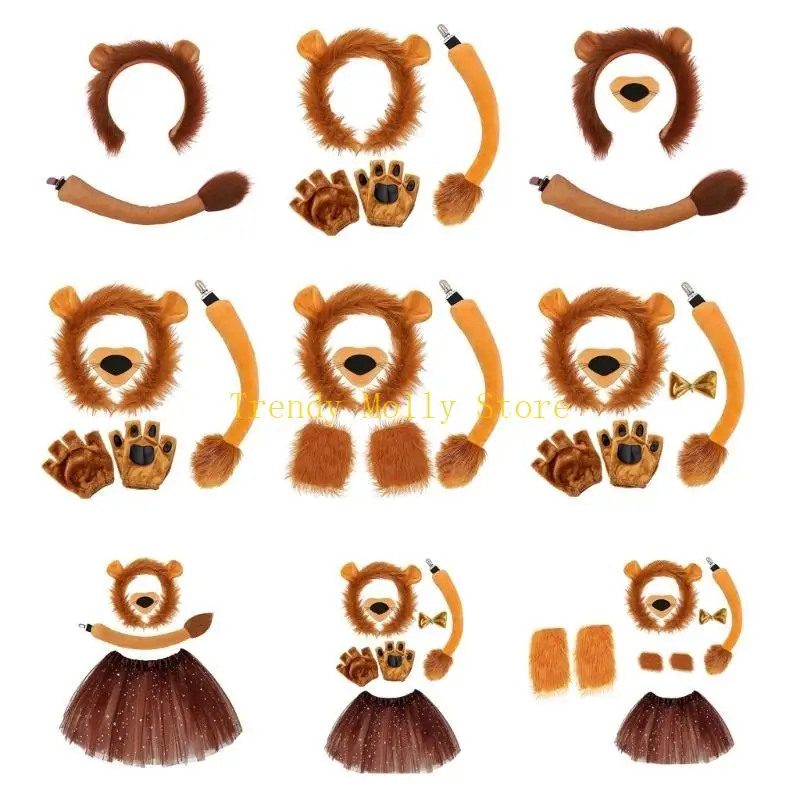 N5KB 어린이 사자 코스프레 세트 동물 드레스 업 의상 사자 헤어 밴드, 꼬리, 스커트, 키드 생일 파티 할로윈을위한 나비 티