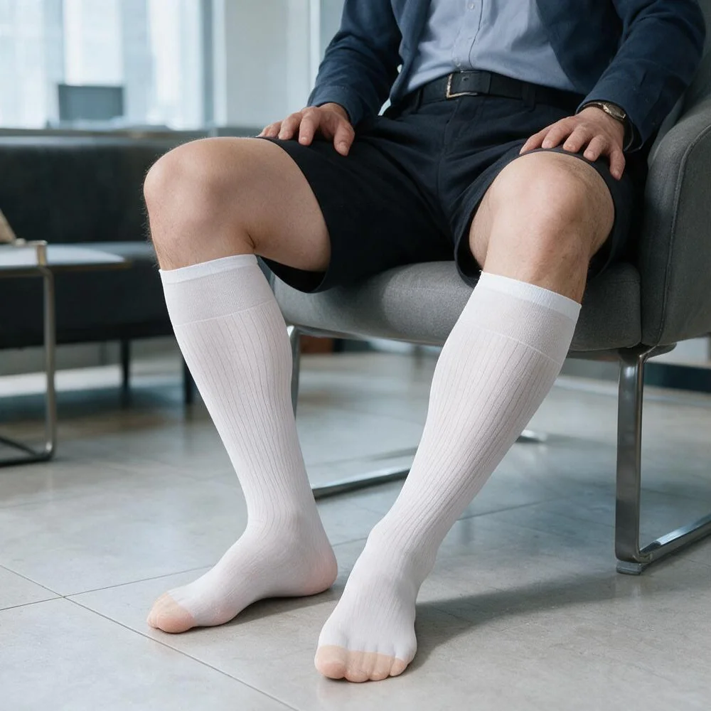 Men's Over The Calf Sheer Striped Knee High Socks Formal Business Dress Socks Breathable Thin Long Tube Office Suit Socks