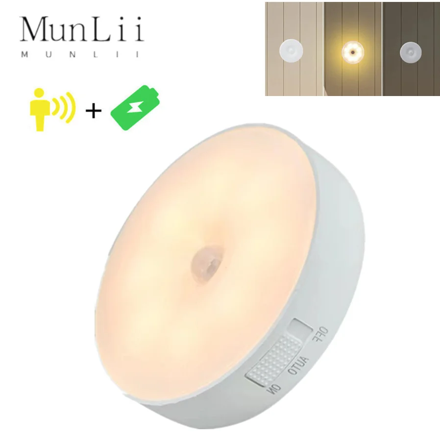 Motion Sensor Light USB Night Light LED Lamp With Switch Rechargeable Inductor Lights For Kitchen Stairs Hallway Closet Bedroom