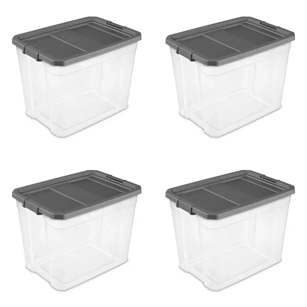 108 Quart Stacker Box Set of 4 Durable Plastic Clear Base Secure Latches Textured Surface Stackable Carrying Handles Sports