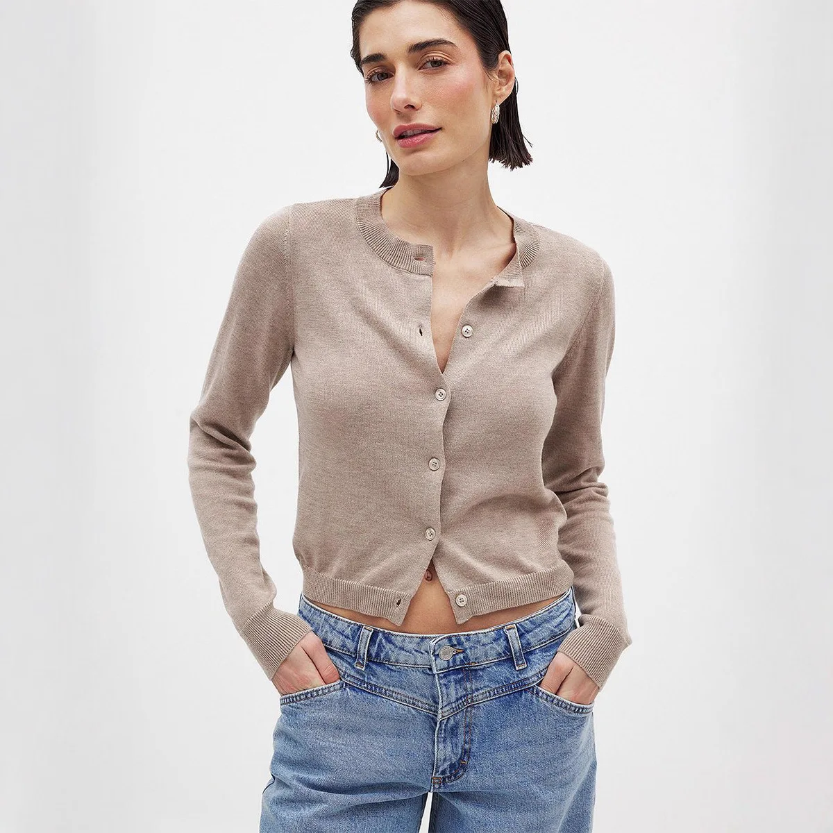 Camisa de base de malha fina feminina cor sólida base de malha cardigan 2025 outono nova camisola de pescoço redondo