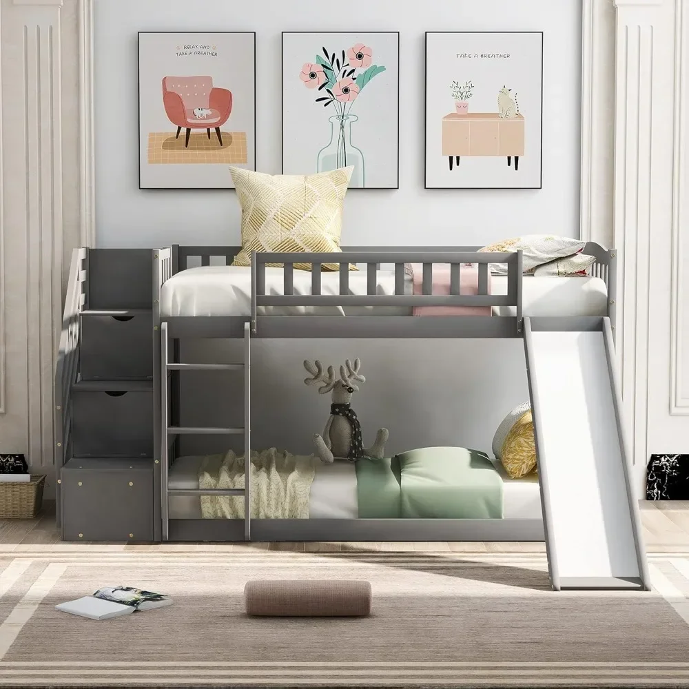 

Bunk Bed ,with 2 Drawers, Stairway,Slide and Ladder - Bunks Beds for Family, Teens, No Box Spring Needed,Wood Bunk Bed Frame