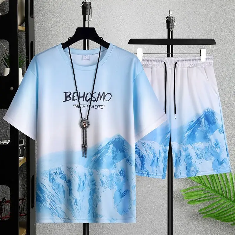 

Men's Ice Silk T-Shirt Set Summer Cooling Short Sleeve Tee Casual Loose Fit Graphic Tops Streetwear Wholesale