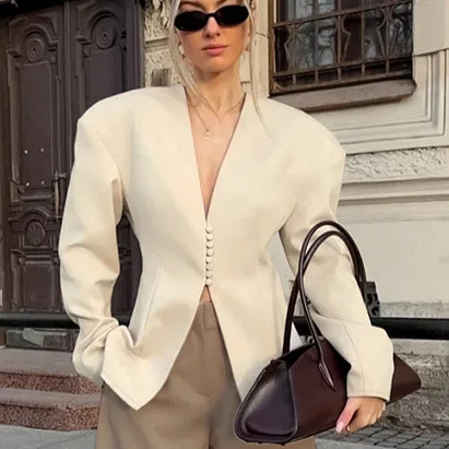 

2025 New Autumn Fashion Solid Basic Tunic Split Jacket for Women V Neck Long Sleeve Pathwork Buttons Slim Coat Female Clothing