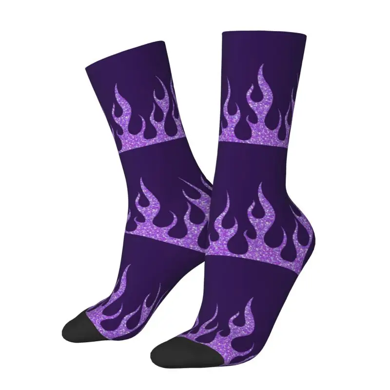 Harajuku Purple Glitter Flames Socks Women Men Warm 3D Print Vintage Fire Aesthetic Sports Football Crew Socks