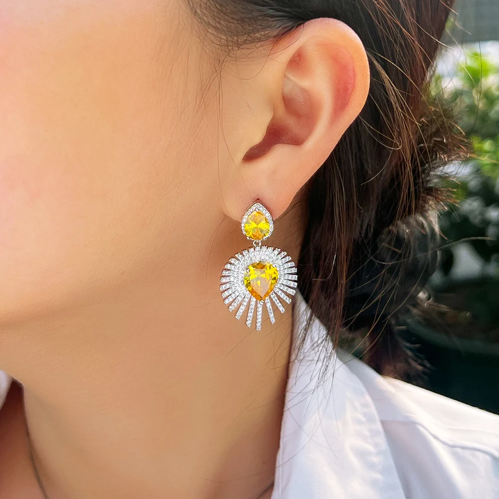 CWWZircons Bling Firework Cubic Zirconia Paved Long Big Yellow Water Drop Dangling Women Festival Wedding Party Earrings CZ697