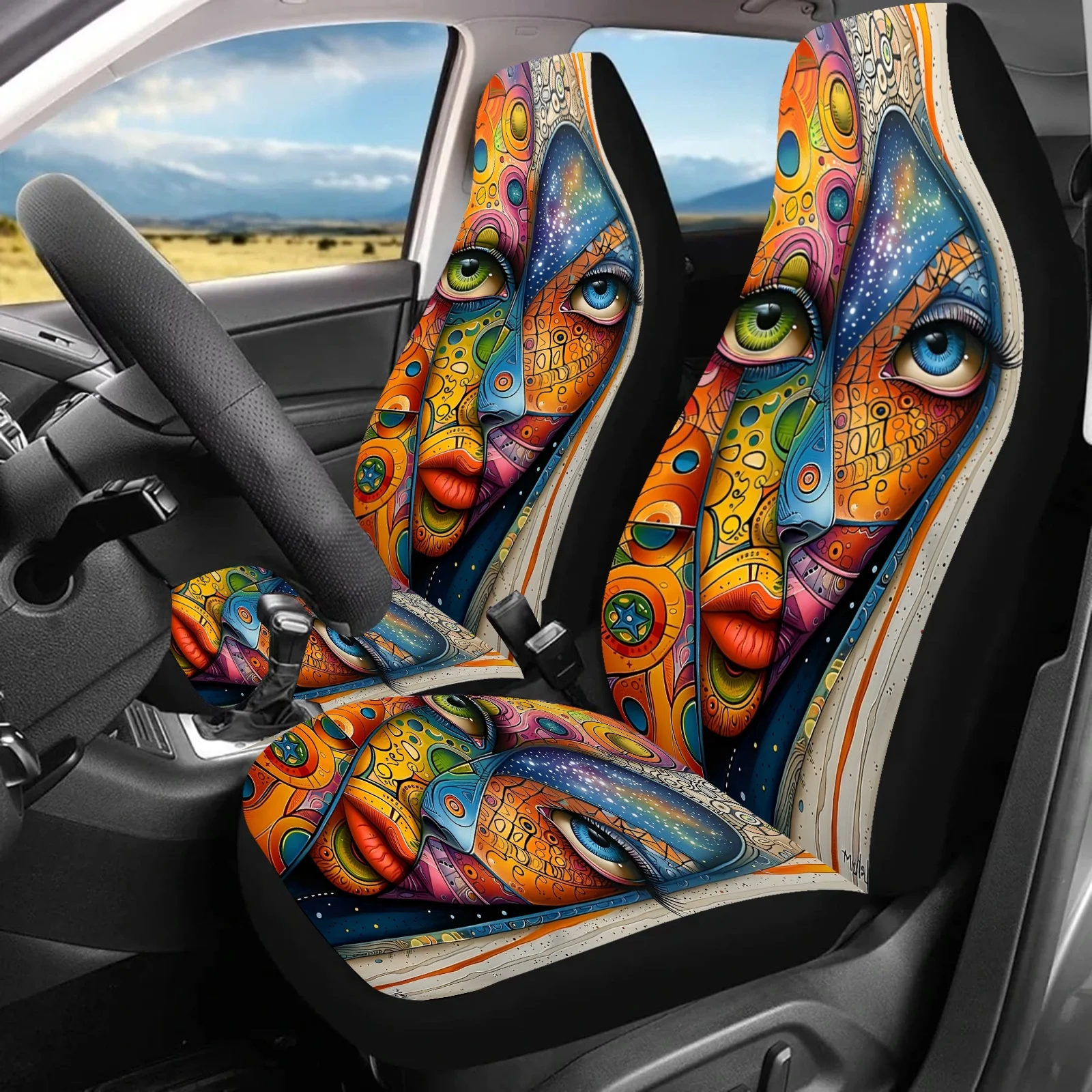 قطعتان من أغطية مقاعد السيارة المطبوعة على الجدران الفنية للنساء والرجال، واقي المقعد الأمامي العالمي للسيارات يناسب السيارات وسيارات الدفع الرباعي وسيارات السيدان،