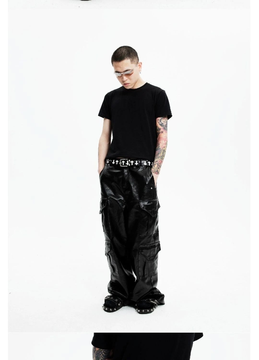 Black and white leather patchwork cross casual leather handmade elastic waistband fashion decoration clothing