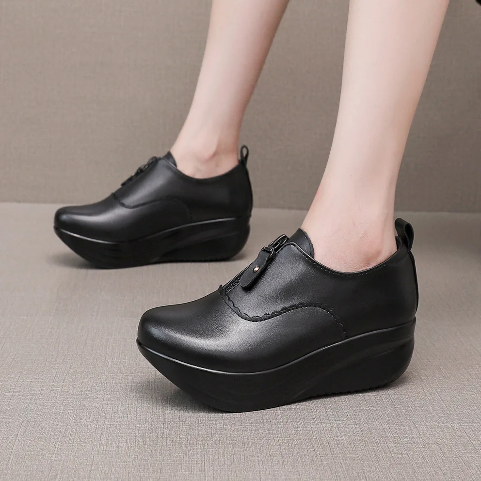 Retro 6cm Size 33-43 Comfortable Deep Mouth Soft Leather SHoes Women Pumps 2026 Fall Winter Med Heel Platform Wedges Shoes Work