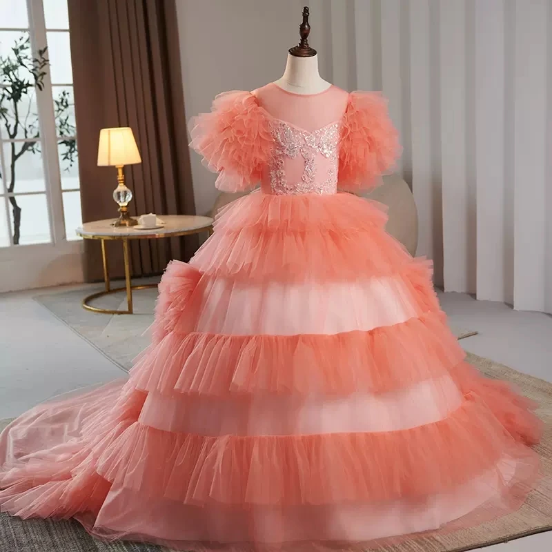 Vintage Pink Ball Gown Flower Girl Dresses Beauty Pageant Kid Birthday Party Dress Costumes Luxury Christmas Ceremonial Dress