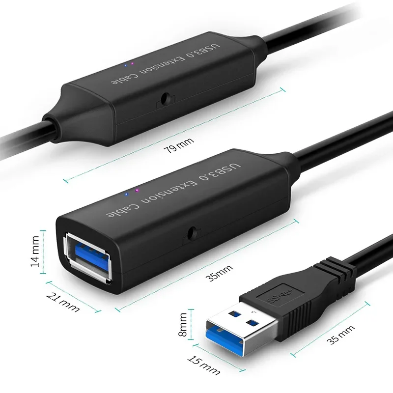 Przedłużacz danych 5m USB3.0 męski do żeńskiego przedłużacza o długości 10m z chipem, zewnętrzne zasilanie, odpowiedni do komputera