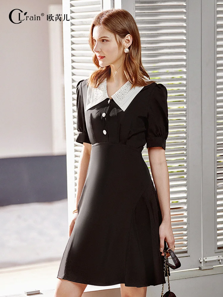 

OLrain Socialite Style Women's Dresses 2025 Fashion A-line Mini Patchwork Jacquard Lapel Puff Sleeve Elegant Dress O21XL38666