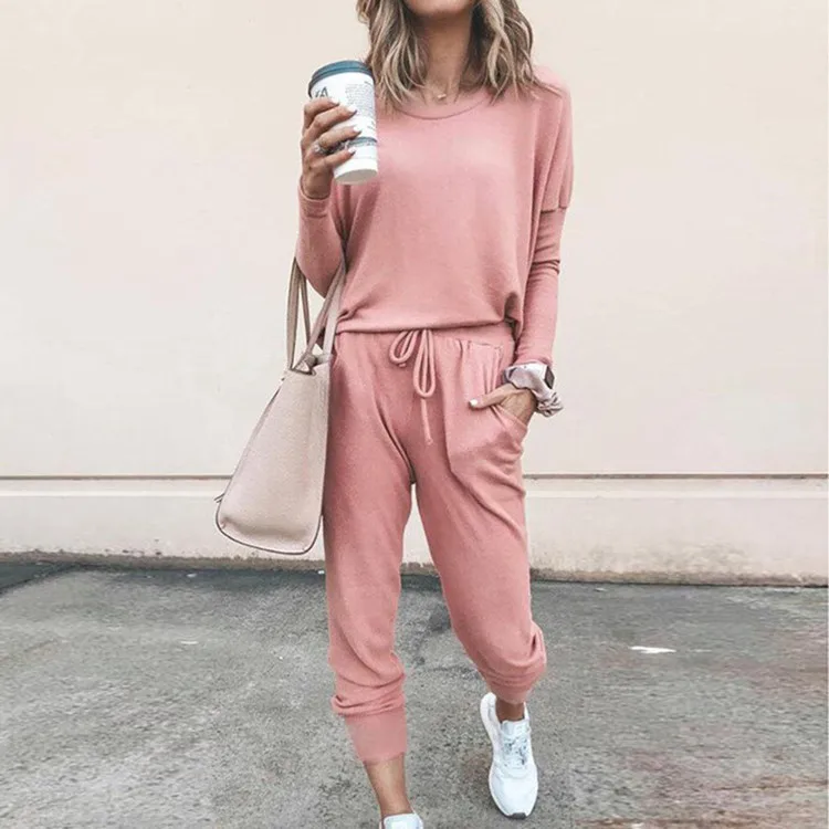 Casual Sports sets for women 2 pieces Solid Color Round Neck T-shirt Bottoming Shirt + Casual Fashion Trousers Set