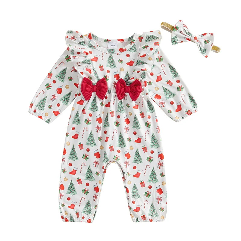 

Baby Girl Christmas Outfit Reindeer Print Ruffle Long Sleeve Full Length Romper with Bow Headband 2 Piece Set