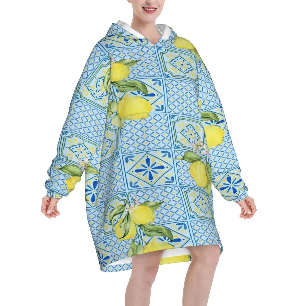 Lemon Sicily Rectangle Wearable Blanket Hoodie Blanket Sweatshirt Thick Fleece Hooded Blanket with Pocket