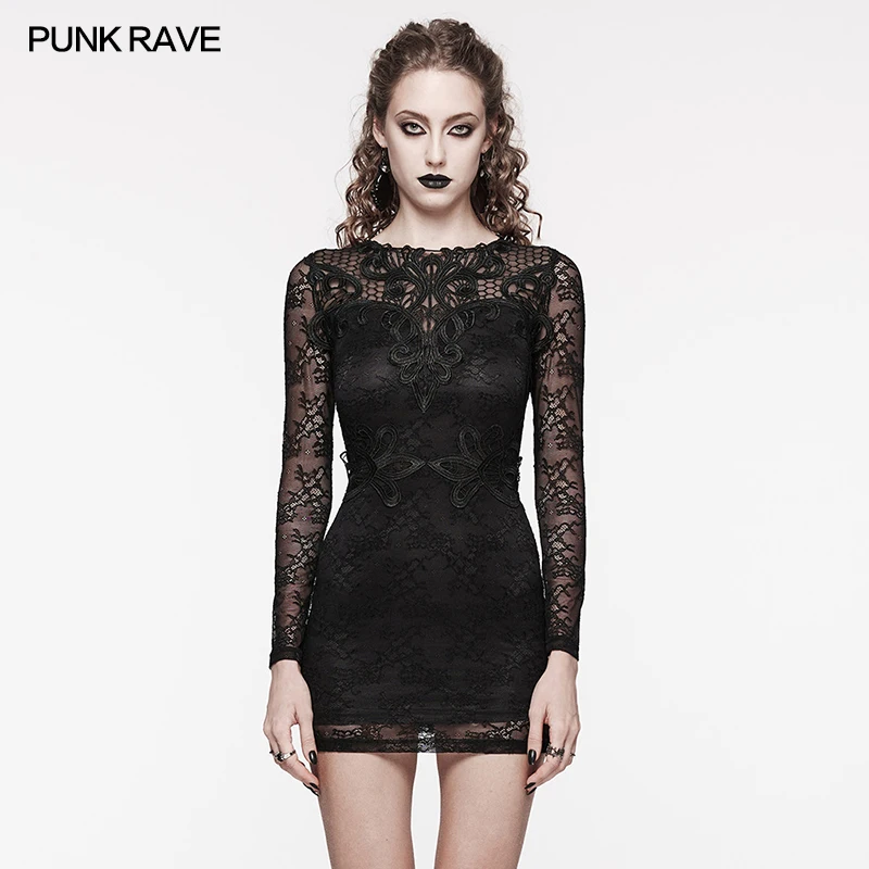 

PUNK RAVE Women's Gothic Vine Pattern Mysterious Knitted Black Dress Hollowed Out Back Club Sexy Mini Dresses Summer