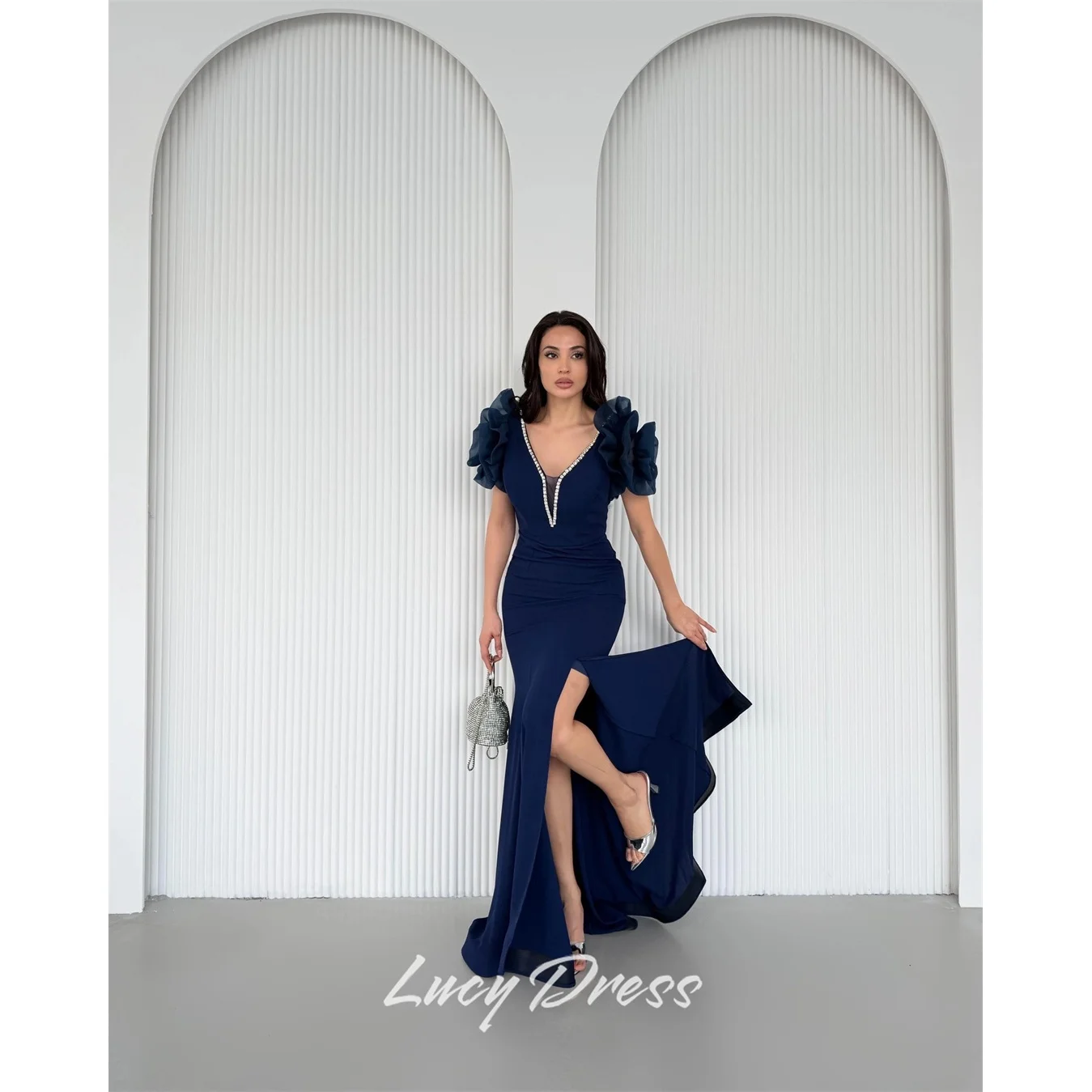 

Lucy Crepe V-Neck Sky Blue Mermaid Evening Dress 2026 Prom Dress Elegant Women Formal Evening Customized Robes de Soirée